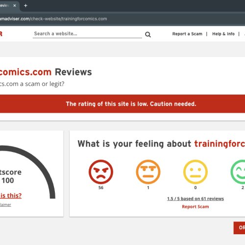 Screenshot of the scamadviser website regarding "trainingforcomics.com" and it being a scam.