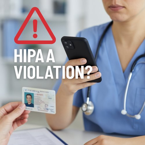 (Graphic shows a medical assistant holding a smartphone up to a driver’s license with warning icons and the word “HIPAA?” for SEO and reader impact.)