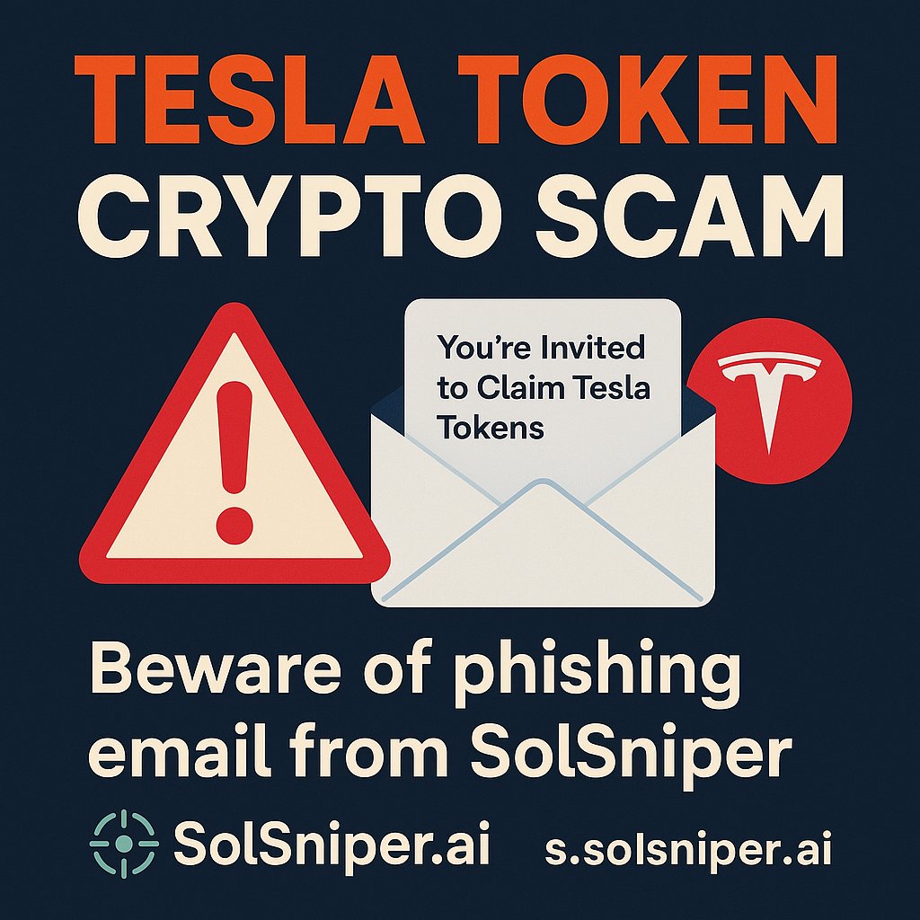  Graphic warning users about SolSniper “Tesla Token” phishing scam.