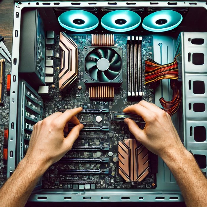 Image of two hands doing hardware repair with a computer case that is open.