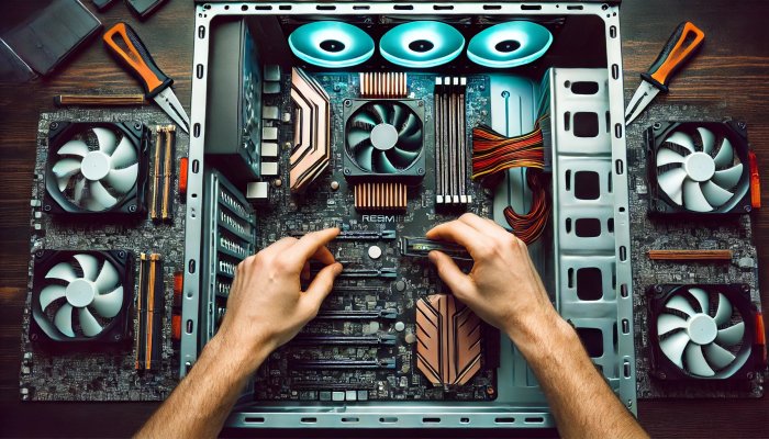 Image of two hands doing hardware repair with a computer case that is open.