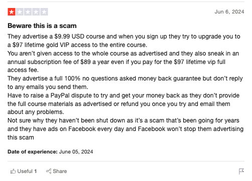 Screen Shot of a review and implications of the scam